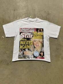 Vintage Magazine Cover Graphic Print Short Sleeve T - Shirt,Comfortable Casual Short Sleeve, 220 Grams HeavyweightCotton PrintedT-Shirt - 白色 - 查看 1