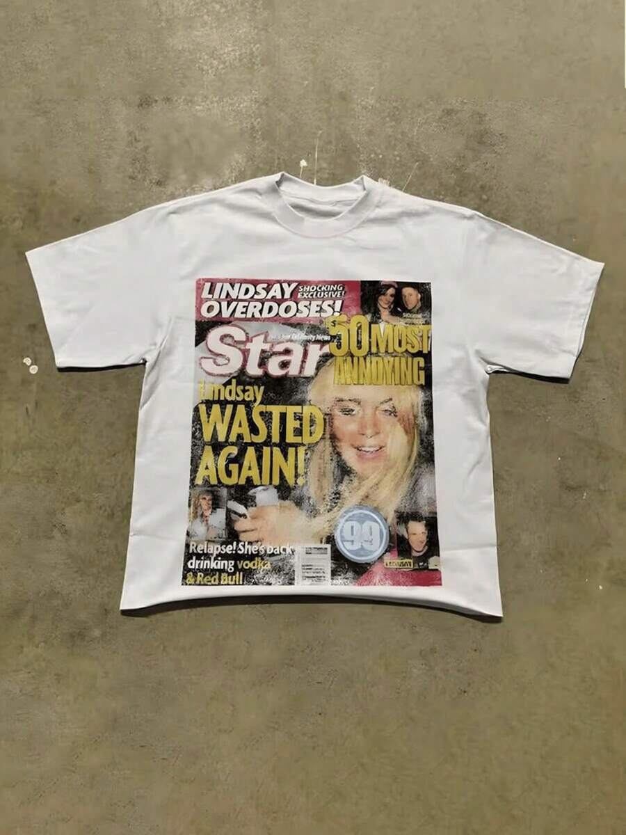 Vintage Magazine Cover Graphic Print Short Sleeve T - Shirt,Comfortable Casual Short Sleeve, 220 Grams HeavyweightCotton PrintedT-Shirt - 白色 - 查看 1