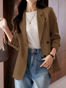女式单排扣长袖西装外套（袖口带纽扣） - 棕色 - 查看 3
