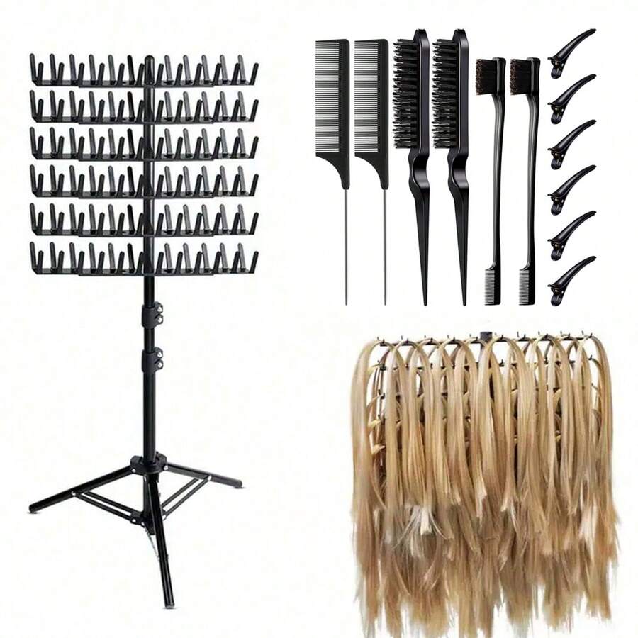 Suport pentru împletituri, suport pentru extensii de păr cu 144 de cuie, suport pentru împletituri cu înălțime reglabilă și suport pentru depozitarea perucilor, instrument de salon cu două fețe pentru uz casnic în salon, pieptene negru/roz/violet