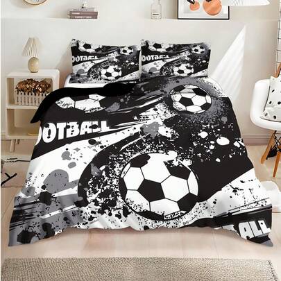 1/3 piezas Juego de 3 piezas para niños (1 pieza Funda de edredón reversible + 2 piezas Fundas de almohada), Tamaño de la funda de almohada 50*75cm, Hecho de tela de poliéster de 90g, Transpirable y amigable con la piel, Funda de edredón con diseño de fútbol, Adecuado para niños, niños y niñas