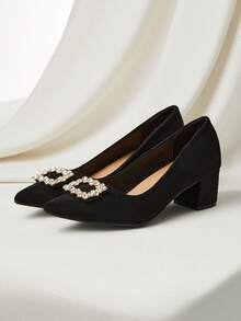 水钻装饰仿麂皮粗跟浅口鞋 情人节 圣诞节 冬季圣诞礼物