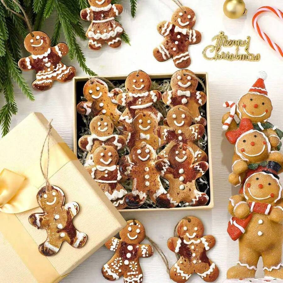 30Pcs Christmas Tree Ornaments Wooden 2D Flat Gingerbread Man Pendants Hanging Decor For Farmhouse Home Holiday Party - Yellow - View 1