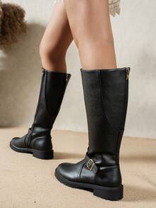 Fall/Winter 2025 Simple Fashion Women's Tall Boots, Non-Slip Comfortable Versatile Square Buckle Decor, British Style Plus Size Riding Boots - Black - View 5