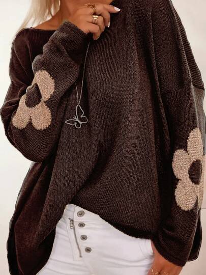 Plus Size Women Elegant Floral Pattern Loose Fit Crew Neck Drop Shoulder Long Sleeve Sweater, European & American Style, Suitable For Christmas, Spring/Autumn