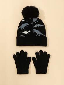 2pcs Jacquard Knit Dinosaur Pattern Beanie Hat And Gloves Set - 2pcs - View 1