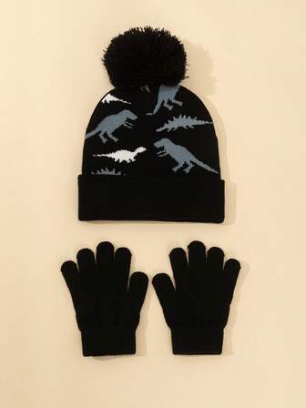 Set de gorro y guantes con patrón de dinosaurio de punto jacquard, 2 piezas