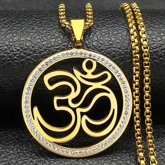 Stainless Steel Yoga Om Symbol Rhinestones Necklace For Women Men Gold Color Religion Buddhism Sign Pendants Jewelry Gift