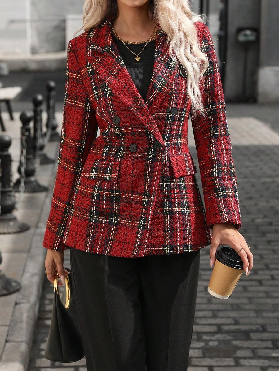 Chaqueta elegante de tweed rojo y verde navideño con cintura ceñida y botones dorados para uso diario, de doble botonadura a cuadros para mujer