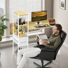 INICO Escritorio de Computadora, escritorios para Home Office con 1 Cajones y 4 Niveles de Estantes, Moderno Escritorio para Oficina en Casa, Mesa de Estudio para Laptop, Minimalista Moderno - Arce - Ver 12