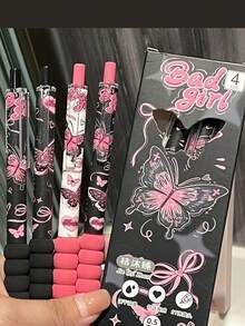 2pcs Pieces Of Butterfly Love Flower Series Ins Style Highly Attractively ST Head Quick-Drying Brushes For Girls' Hearts Neutral Pens For Students Black Pens For The Start Of The School Seaso