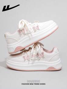 1 Pair WARRIOR Women's Thick Sole Lace-Up Soft Bottom Casual Shoes, Low-Top Outdoor Flat Shoes, Round Toe Low Heel Solid Color Elegant Soft Bottom Hiking Shoes, Suitable For Students, Graduation Photos, Flat Shoes, Low-Top Leather Sports Skateboard Shoes