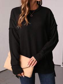 Women's Long Sleeve Shirt, Autumn Ribbed Loose Oversized Sweatshirt, Casual Side Slit Drawstring Waist Top Black Spring - Black - View 3