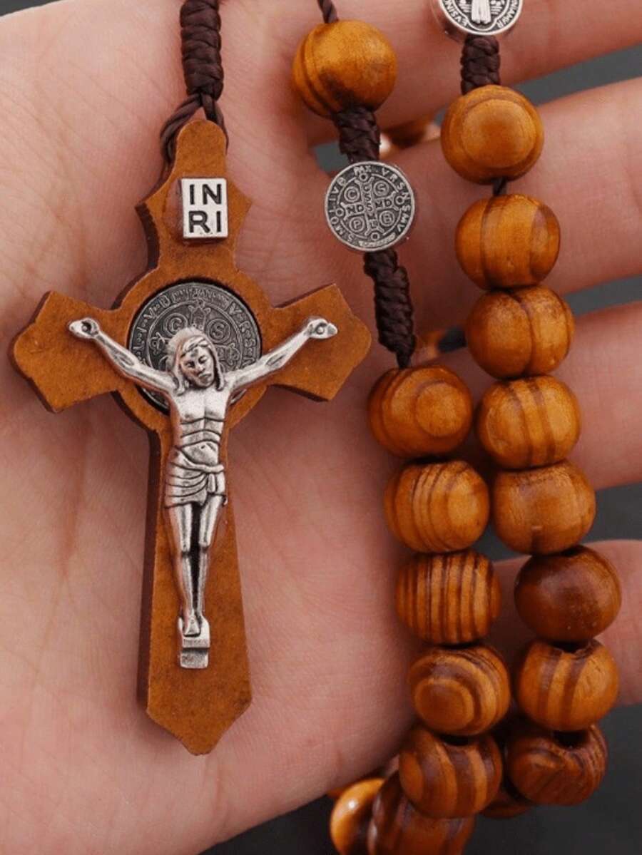 Vintage Wood Bead Cross Pendant Necklace, Alloy Decorative Brown Tone INRI Design Men's Spiritual Fashion Necklace, Country Style Natural Wood Grain Cross Necklace - màu nâu - Xem 1