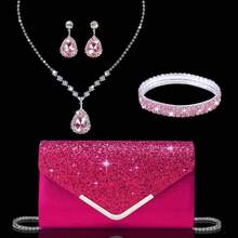 女士水钻晚宴手包，4 件套水钻耳夹新娘婚礼颈链手链吊坠，闪亮钱包，非常适合派对、婚礼、舞会、晚宴/宴会、婚纱、正式服装、舞会礼服、生日礼服