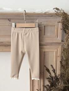 Newborn Baby Girls Solid Color Lace Trim Elastic Leggings, Spring/Autumn