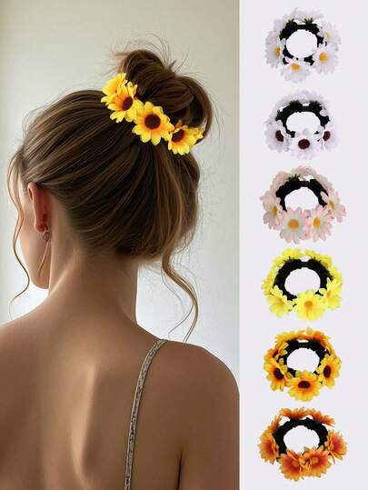1pc Sunflower & Daisy Flower Elastic Hair Ties For Buns, Ponytails, Hairstyles For Girls
