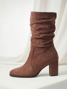 女士褶皱粗跟踝靴，法式高端方头弹力切尔西靴，2024秋冬款，尺码略偏大，圣诞节/冬季圣诞礼物 - 咖啡棕 - 查看 2