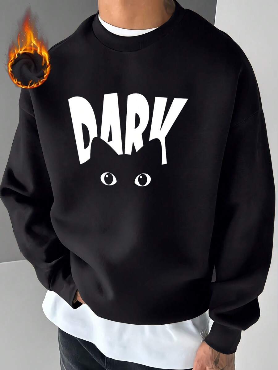 Herren Sweatshirt aus Baumwolle mit süßem Katzen-Muster, ideal für Herbst/Winter, wärmende Fütterung, Rundhalsausschnitt, oversized Passform, lässiger Sweatshirt Pullover, vielseitig einsetzbar für Streetwear und Sport, langärmlig, geeignet für kaltes Wetter, mit weicher Fleece-Fütterung, bequemes Herren Langarmoberteil - Schwarz - Übersicht 1