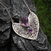 Vintage Elegant Heart-Shaped Purple Gemston Pendant Necklace Gift For Her, Anniversary Jewelry For Women - 復古銀色 - 查看 1