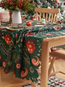 1pc Christmas Print Tablecloth With Embossed Edges, Decorative Dining Table Cover For Holiday Decor - Green Fantasy - View 3