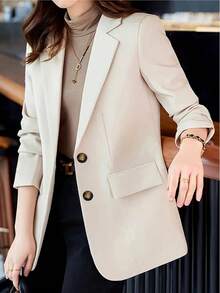Women's Elegant Beige Casual Blazer Jacket - Double-Breasted Design, Suitable For Office, Casual Outings And Commuting, Spring/Autumn