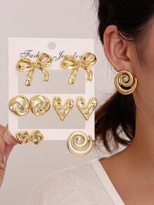 10 件波西米亚风格树脂蝴蝶结多元素女士耳环套装，适合日常佩戴和送礼 - 金色 - 查看 3