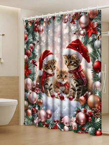 Christmas Night Trio On Meow Planet | 3 Cute Kittens Wearing Santa Hats & Bow Ties + Pine Branch & Holly Wreath + Red & Pink Ornaments | PEVA Thickened Waterproof & Mildew-Resistant Shower Curtain 72"X72" | High-Definition Digital Printing, Odorless, Machine Washable, Non-Fading | 12 Stainless Steel Rustproof Hooks Included | Healing Holiday Bathroom Decor/Must-Have For Cat Lovers/Girlfriend Gift