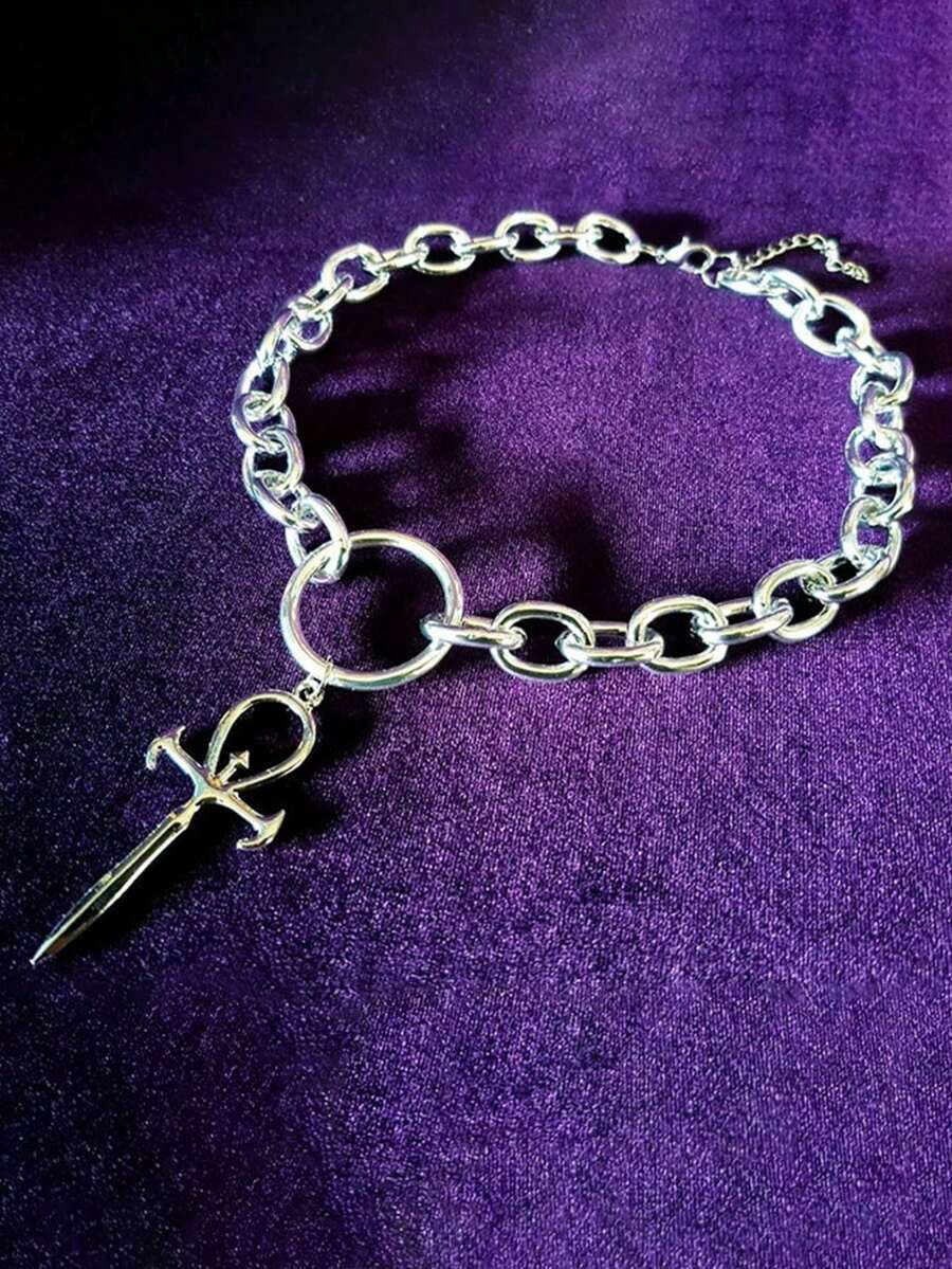 1 pieza Collar con colgante de cruz egipcia de plata plateada de moda y elegante, adecuado para que las mujeres lo usen de forma casual, en el escenario o en festivales de música