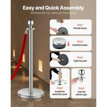 Stanchion Post, 4 Pcs Crowd Control Barrier Set With 2 Ropes, 5 Ft Stainless Steel Silver Stanchion Post Queue With Sand Injection Hollow Base For Theater, Party, Wedding, Exhibition - Multicolor - View 4