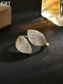 KMT 1pc Copper Inlaid Cubic Zirconia Flower & Leaf Elegant Chic Open Ring, Suitable For Party, Daily Wear, Gift - Gold - View 3