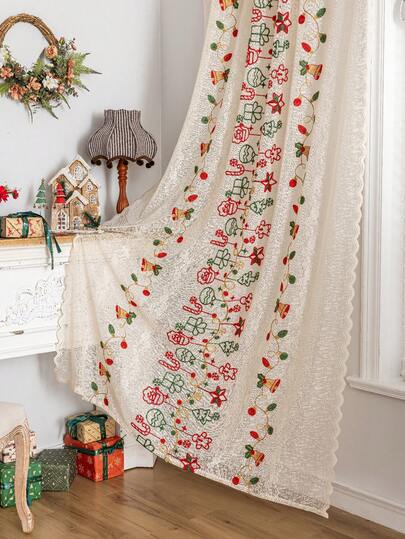 1 pieza Elemento navideño Jacquard de lino con patrón 3D estereoscópico, campanas navideñas, caramelos navideños, copos de nieve, cenefa de cortina sin perforación adecuada para cocina, dormitorio, alféizar de ventana, cortina de puerta, cortina transparente estilo princesa, para todo el año, decoración navideña para el hogar, regalo de Navidad