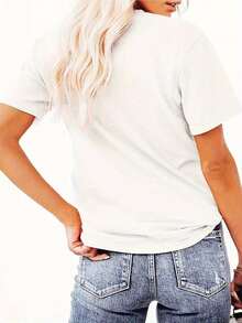 Camiseta de mujer estampada con "MAÑANA SERÁ BONITO" y lindos elementos de dibujos animados, cuello redondo suelto y mangas cortas, cómoda y agradable para la piel, 100% algodón, adecuada para el hogar, viajes, viajes de negocios, escuela, desplazamientos, fiestas y otras ocasiones, adecuada para todas las estaciones. - Blanco - Ver 2