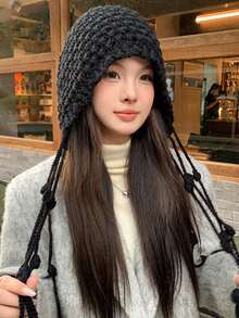 1pc Handmade Hollow-Out Wool Beanie Hat, Women Tasseled Ear Warmer Knitted Cap, Suitable For Christmas And Daily Wear, Autumn/Winter - Multicolor - View 7