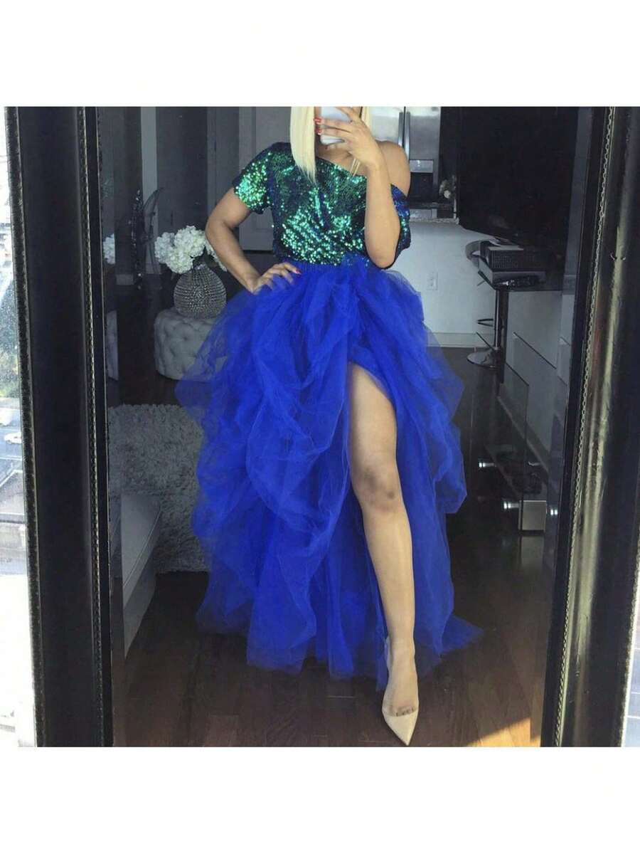 Women's Tulle Maxi Skirt Vestidos De Fiesta Elegantes Floor Length Layered Elastic High Waist Split Skirt A-Line Puffy Lace Mesh Tutu Skirt - 藍色 - 查看 1