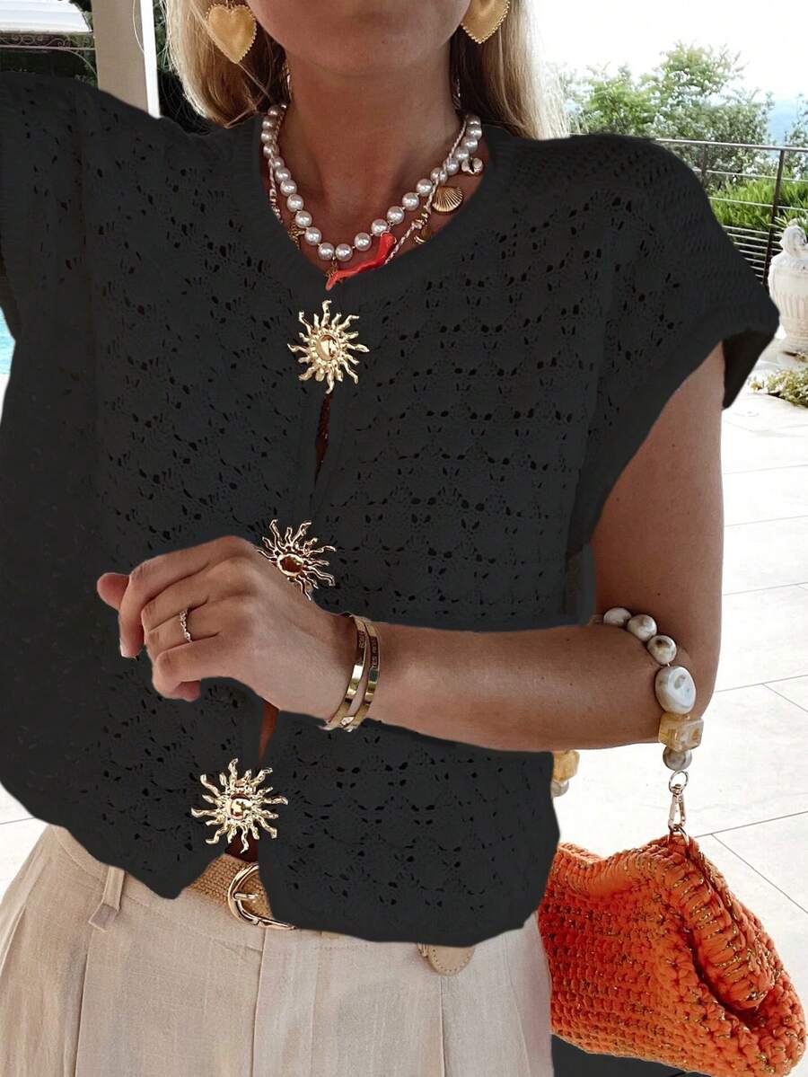 Áo vest len không tay nữ kiểu dáng thanh lịch, họa tiết hình học, dệt rỗng, trang trí cúc vàng, thích hợp cho kỳ nghỉ, mùa hè và mùa thu. - màu đen - Xem 1