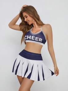 Disfraz de animadora sexy, conjunto de sujetador de contraste de halter + minifalda, atuendo de juego de roles, regalo de Navidad y Día de San Valentín para mujeres