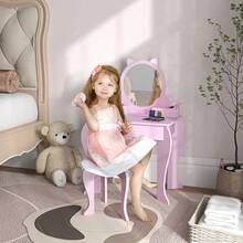 ZONEKIZ Kids Dressing Table, Kids Vanity Table, Girls Dressing Table With Mirror, Stool, Drawer, Storage Boxes, Cat Design, For Ages 3-6 Years - Pink - 粉色 - 查看 1