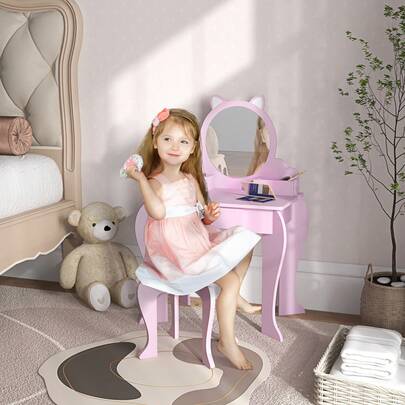  ZONEKIZ Kids Dressing Table, Kids Vanity Table, Girls Dressing Table With Mirror, Stool, Drawer, Storage Boxes, Cat Design, For Ages 3-6 Years - Pink