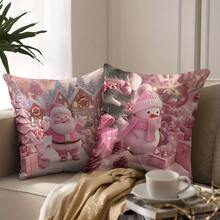 4pcs Modern Christmas Pillow Set - Dreamy Pink Santa, Snowman & Tree Print, Machine Washable Zippered Polyester Covers, Suitable For Living Room Decor, Sofa Cushions, Multiple Sizes Available (Filling Not Included) Home Decor Christmas Decorations Christmas Decorations Home