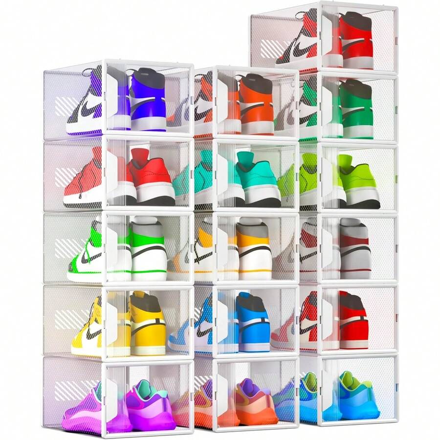 16 Pack Shoe Storage Box Large Size- Clear Stackable Boxes - Plastic Trainer Storage Boxes - Transparent Shoe Display Containers - Fits Up To UK 11 Size Men's - Large - 16 Pack - View 1