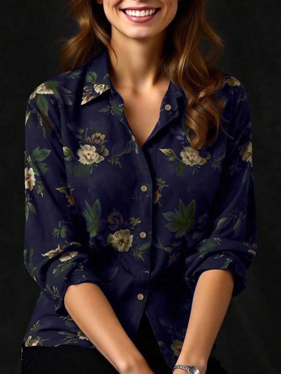 Women's Floral Print Casual Long Sleeve Collared Button-Down Shirt, Spring/Summer - Navy Blue - View 1
