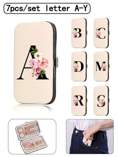 A 7-Piece Travel Manicure Set Featuring The A-Z Black Initials And A Floral Lily Pattern. This Spacious Manicure Organizer Includes Stainless Steel Tools, A Set Of Ultra-Sharp, Splash-Proof Nail Clippers, And A Classic Design. It's Perfect For Carrying Beauty Supplies On The Go, Traveling, Outings, Boarding School, Home Essentials, And Christmas Gifts.