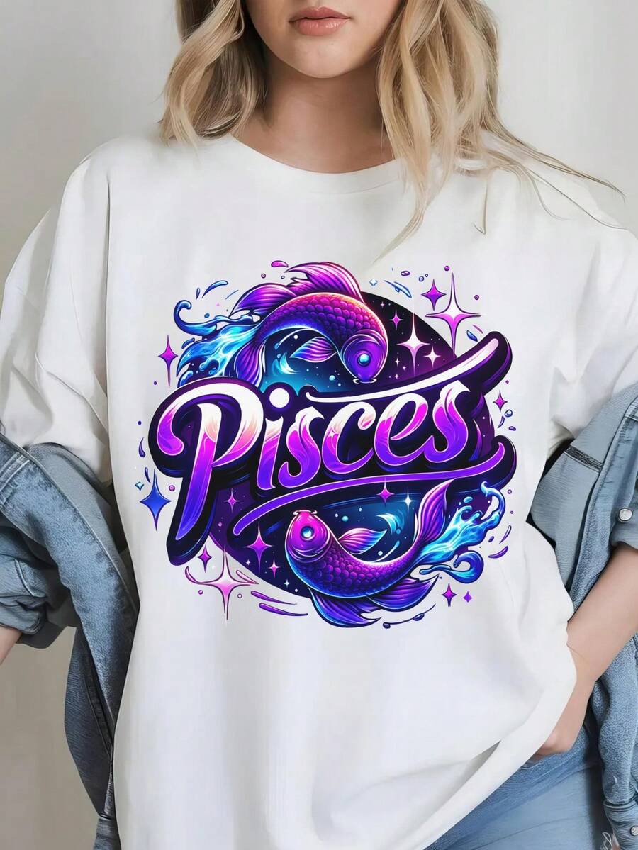 Pisces, One Of The Twelve Zodiac Signs Black And White Apricot Multi-Color Women's Short-Sleeved Round-Neck T-Shirt Printed Top, Festival Clothing, Casual And Elegant Summer T-Shirt Women's Summer Dress, Halloween And Christmas Festival Gift, Sporty And Casual - 白色 - 查看 1