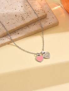 1pc Fashionable Double Heart Pendant Necklace - Double Heart + Pink Necklace - View 13