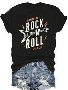 Camiseta gráfica de rock and roll de moda, unisex, de verano, casual, transpirable, con personalidad, de cuello redondo, de manga corta, ropa de calle, versátil, adecuada para adolescentes y adultos - Negro - Ver 1