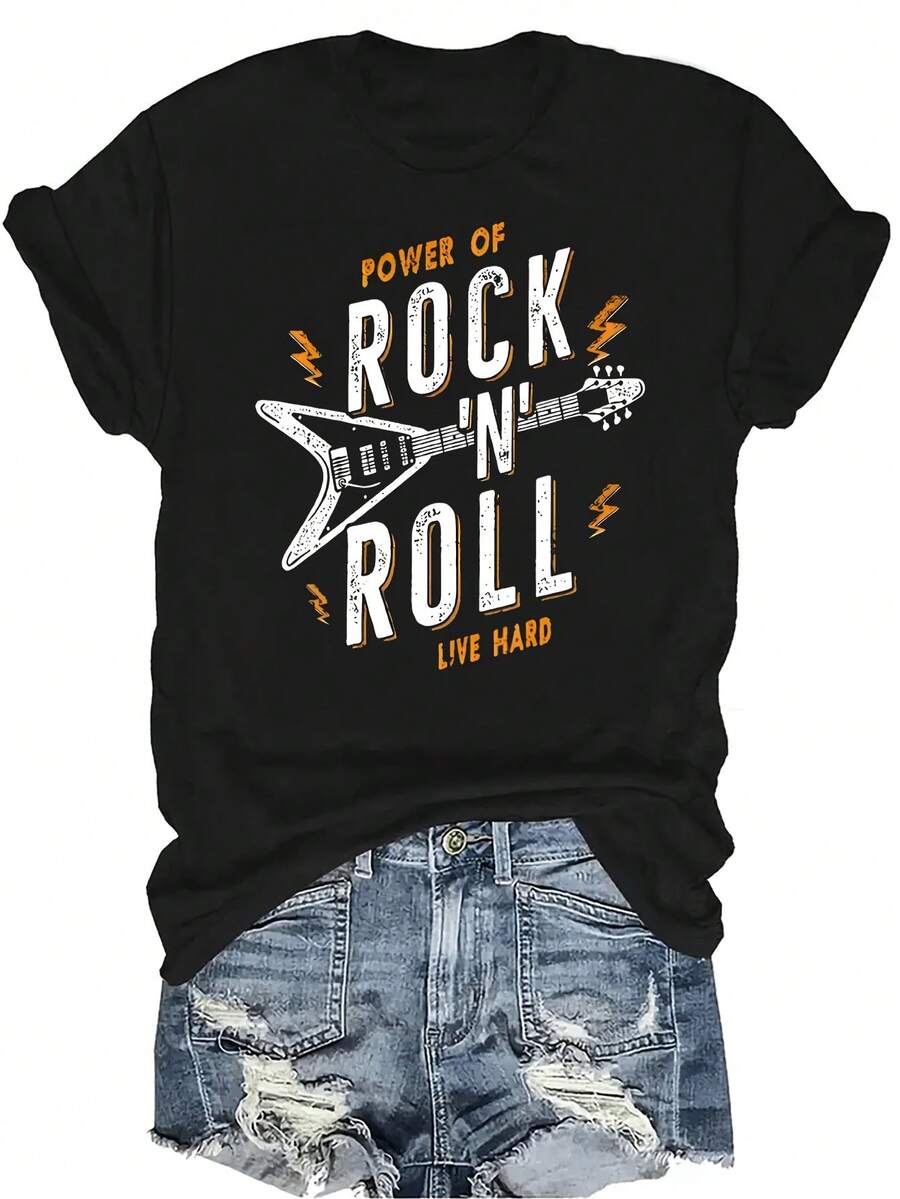 Camiseta gráfica de rock and roll de moda, unisex, de verano, casual, transpirable, con personalidad, de cuello redondo, de manga corta, ropa de calle, versátil, adecuada para adolescentes y adultos - Negro - Ver 1