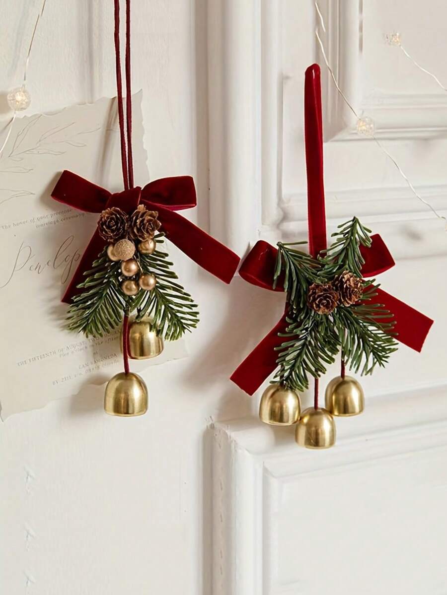 1pc Stainless Steel Holiday Tree Decoration With Bow And Bell Ornament, Durable And Easy To Install Festive Accessory,Hanging Door Bell Rustic Christmas Bells For Door Tree Wearth Decorations