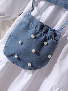 3 件套女童装饰连衣裙套装：装饰连衣裙 + 可爱装饰牛仔背心 + 时尚装饰包