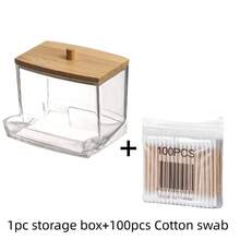 1Pcs Soporte para hisopos de algodón, Dispensador de hisopos de algodón con tapas de bambú, Frascos de almacenamiento de baño de bambú, Contenedores de almacenamiento de plástico transparente - 03 - Ver 8